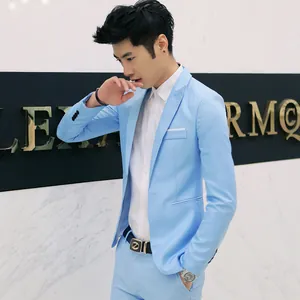 Premium slim-fit light blue casual suit for men including single-button blazer