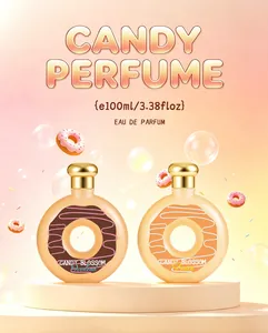 Vue détaillée de deux flacons de parfum créatifs en forme de donut, chocolat et orange