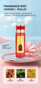 Gros plan de la brume parfumée montrant les notes de caramel, mousse de chêne et ambre