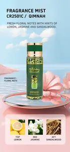 Vue détaillée de la brume florale Qimnah avec notes fraîches de citron et de jasmin