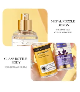 Detail of glass perfume spray bottles with metal nozzle, lavender and sandalwood scents.
