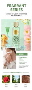 Vue détaillée de la brume parfumée florale boisée Cedar Wood avec notes et mannequin