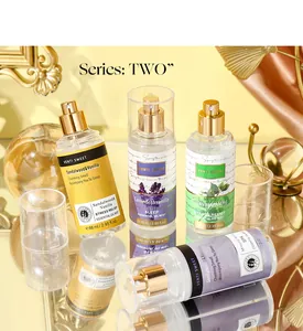 Detailed view of four aromatic essential oil mists for relaxation and body care.