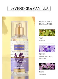 Lavender and vanilla essential oil mist with detailed herbaceous floral fragrance notes