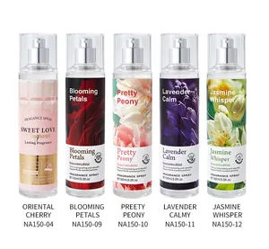 Five variants of 150ml long lasting floral fragrance sprays on white background