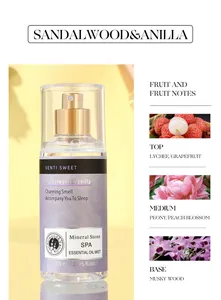 Detailed view of Sandalwood and Vanilla essential oil mist showing fragrance scent notes