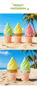 Profumi a forma di gelato al melone, mango e pesca su una spiaggia soleggiata.