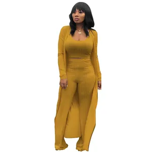 Full body view of a yellow ribbed 3-piece outfit set with long cardigan and pants