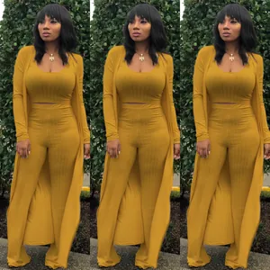 Women's 3-piece mustard yellow ribbed set with crop top, wide-leg pants and cardigan