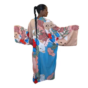 Detailed back view of a long printed loose kimono duster coat with colorful fox and leaf patterns
