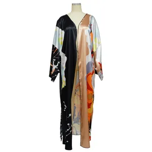 Elegant long-sleeve printed kimono robe with abstract art design displayed on mannequin