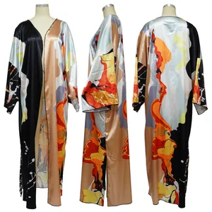 Detailed front side and back views of a luxury printed long kimono duster for women