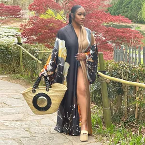 Loose fit floral print long-sleeved kimono cardigan for women in outdoor garden