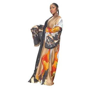 Detailed view of women's loose casual printed kimono robe with elegant autumn floral pattern