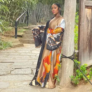 Elegant women's long-sleeved floral print loose kimono duster jacket in autumn