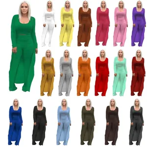 Women's three-piece ribbed stretch loungewear set in various vibrant colors