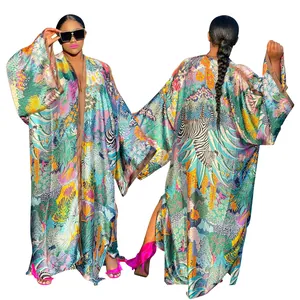 Bohemian oversized printed kimono cardigan with vibrant tropical pattern