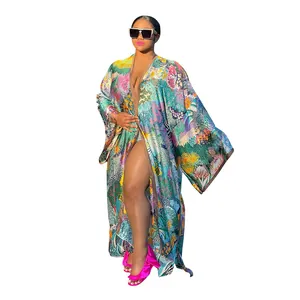 Women's vibrant floral print long kimono cardigan with wide sleeves and loose relaxed fit