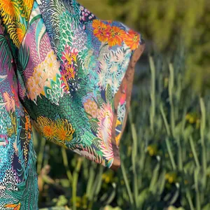 Close-up detail of vibrant floral print on loose casual kimono windbreaker sleeve