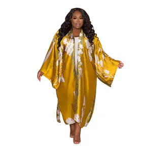Elegant mustard yellow floral print kimono duster with wide long sleeves and loose fit