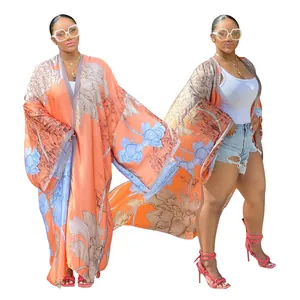 Long bohemian floral print kimono cardigan for women with loose sleeves and casual style