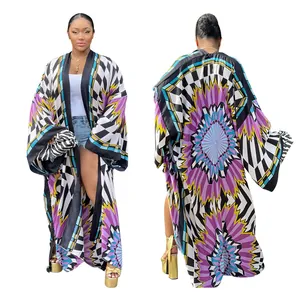 Front and back views of a colorful printed long-sleeve loose kimono cardigan