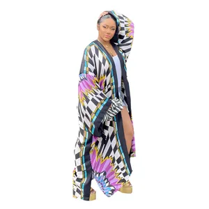 Detail of long loose-fit kimono cardigan with vibrant geometric and checkered print