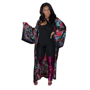 Vibrant floral print long-sleeve loose kimono cardigan for autumn daily casual wear
