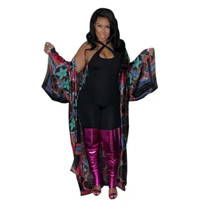 Stylish women's bohemian printed long kimono cardigan paired with a black bodysuit set
