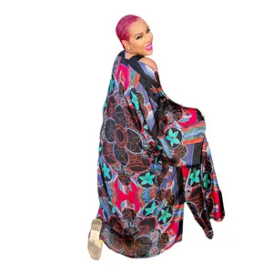Vibrant bohemian floral printed loose kimono cardigan with long sleeves for women