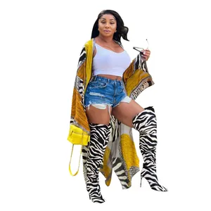 Detail view of ethnic zebra print long kimono windbreaker for women autumn fashion