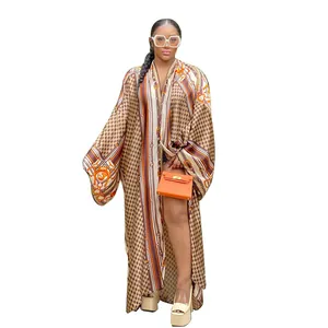 Full view of loose printed kimono cardigan for women with autumn geometric patterns