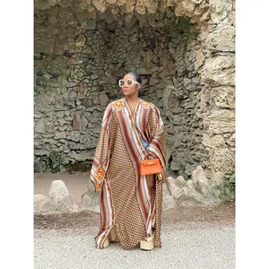 Detailed view of a bohemian printed long kimono cardigan robe with loose casual fit.