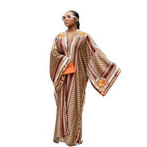 Elegant women's autumn long sleeve duster robe featuring rich brown geometric scarf prints