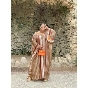 Elegant printed long-sleeve kaftan robe with geometric patterns and loose fit