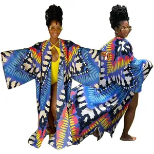 Detailed view of bohemian printed long kimono cardigan with vibrant ethnic patterns