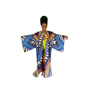 Full-length view of a vibrant bohemian printed loose kimono cover-up with long sleeves