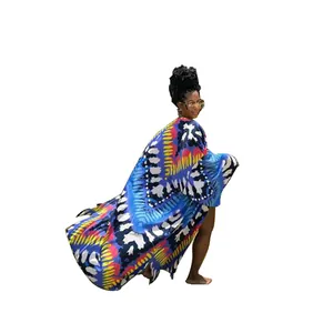 Detailed side view of a vibrant colorful printed loose casual kimono windbreaker