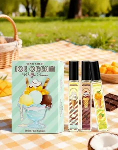 Detail view of the ice cream scented perfume gift set with three rollerball bottles.