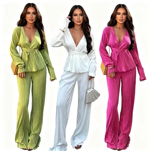 Women Plus Size Pleated Two Piece Set Long Sleeve Wrap Top And Wide Leg Pants Casual Solid Color Lounge Outfit