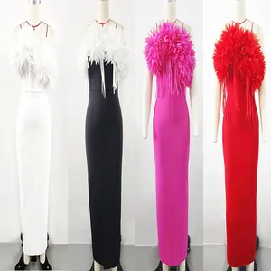 Elegant floor-length floral bandage dresses shown in white, black, pink and red colors.