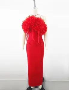 Elegant red bandage maxi dress featuring oversized 3D flower bust and hanging fringe