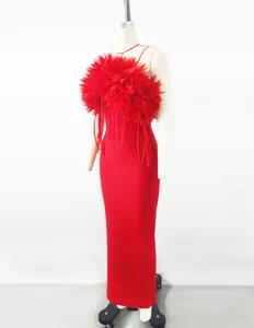 Elegant red sleeveless bandage long dress with dramatic 3D floral bust detail for evening
