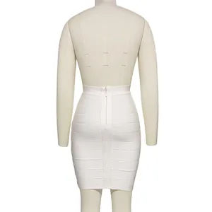 Close-up back view of a high-waisted white bodycon bandage mini skirt featuring a zipper