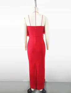 Detailed back view of an elegant red bandage maxi dress with feather floral accents