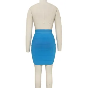 Detailed back view of a stylish sky blue bandage bodycon mini skirt on mannequin