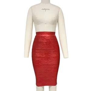 Detailed view of elegant red bandage pencil skirt featuring high-waisted design