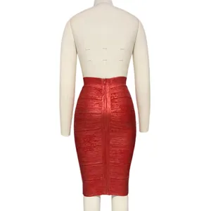 Detailed back view of a vibrant red bodycon bandage skirt with a sleek zipper closure