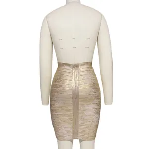 High-quality detailed back view of a women's gold metallic bandage bodycon mini skirt.