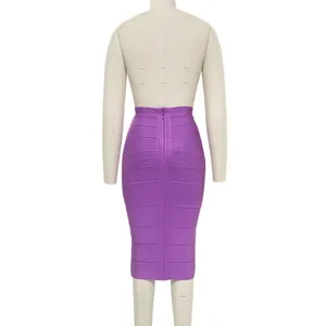 Back view of a high-waisted purple bandage bodycon midi skirt on a white mannequin
